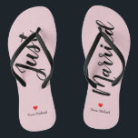 Personalise Just Married Flip Flops in pale pink<br><div class="desc">These adorable pale pin flip flops feature "Just Married" in large black script and your personalised name in black print with a red heart</div>