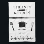 Personalise Kitchen Heart Home White Tea Towel<br><div class="desc">Personalise design featuring kitchen utensils and the quote, "kitchen is the heart of the home."</div>