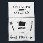 Personalise Kitchen Heart Home White Tea Towel<br><div class="desc">Personalise design featuring kitchen utensils and the quote,  "kitchen is the heart of the home."</div>