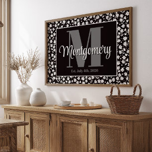 Personalise Last Name Print Black White Floral