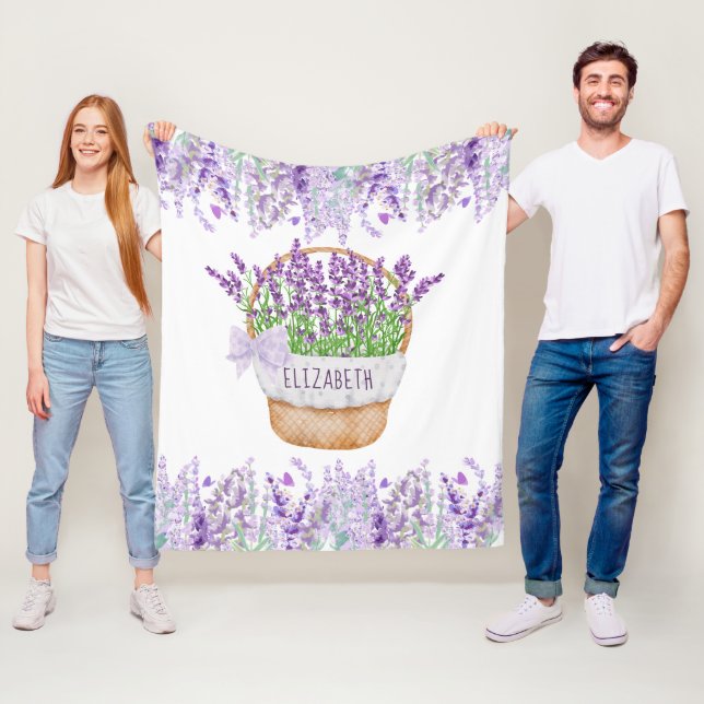 Personalise Lavender Floral Purple Green Basket Fleece Blanket (In Situ)