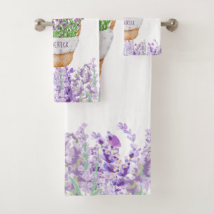 Personalise Lavender Flowers Basket Purple Green Bath Towel Set