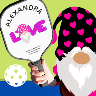 Personalise Love Gnome Heart Pink Purple Pickleball Paddle