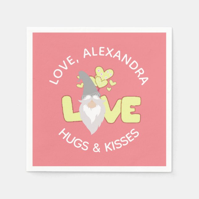 Personalise Love Gnome Heart Yellow And Grey  Napkin (Front)