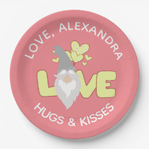 Personalise Love Gnome Heart Yellow And Grey  Paper Plate