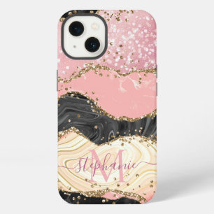Personalise Marble Pink Sparkle Gold Glitter Agate iPhone 13 Case