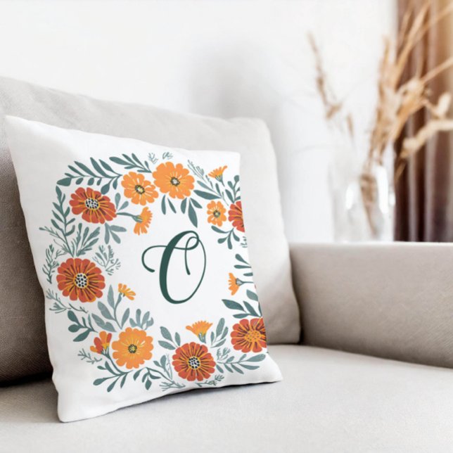 Personalise Marigold Floral Wreath Pillow (Pillow on couch
)