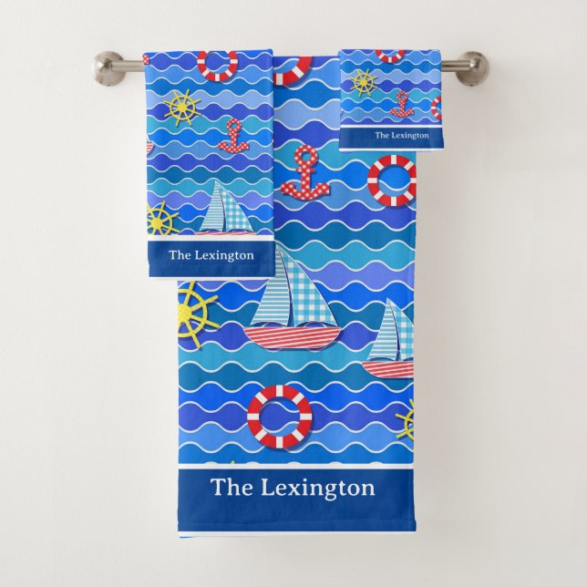 Personalise Marine Wave Red Blue Anchor Boat Sail  Bath Towel Set (Insitu)