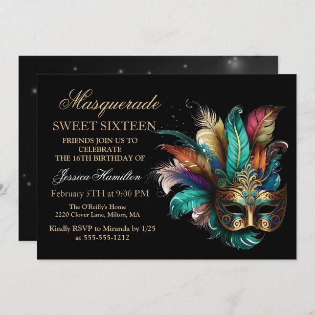 Personalise Masquerade Mask Teal  Glitter Sweet 16 Invitation (Front/Back)