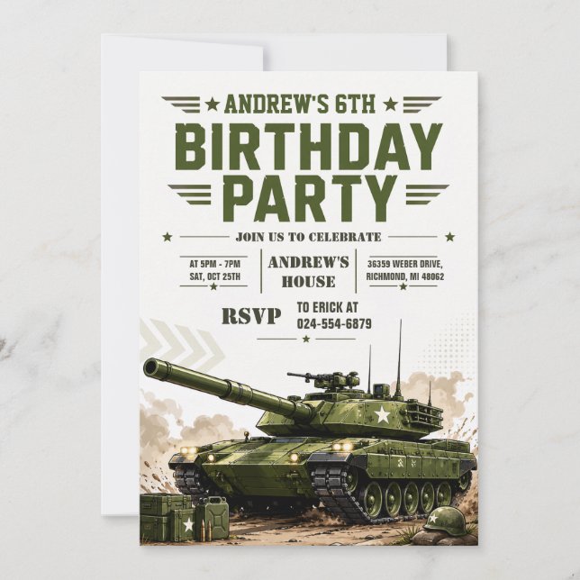 Personalise Military Tank Birthday Invitation (Front)