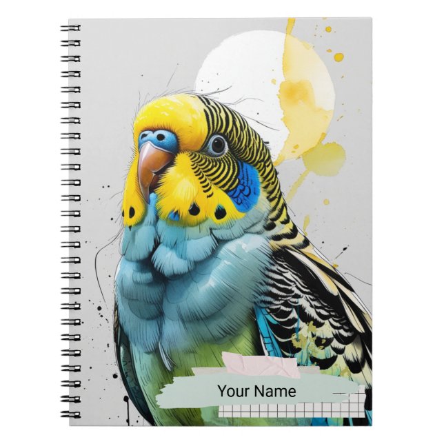 PERSONALISE Modern Ink Blue Parakeet Bird Notebook (Front)