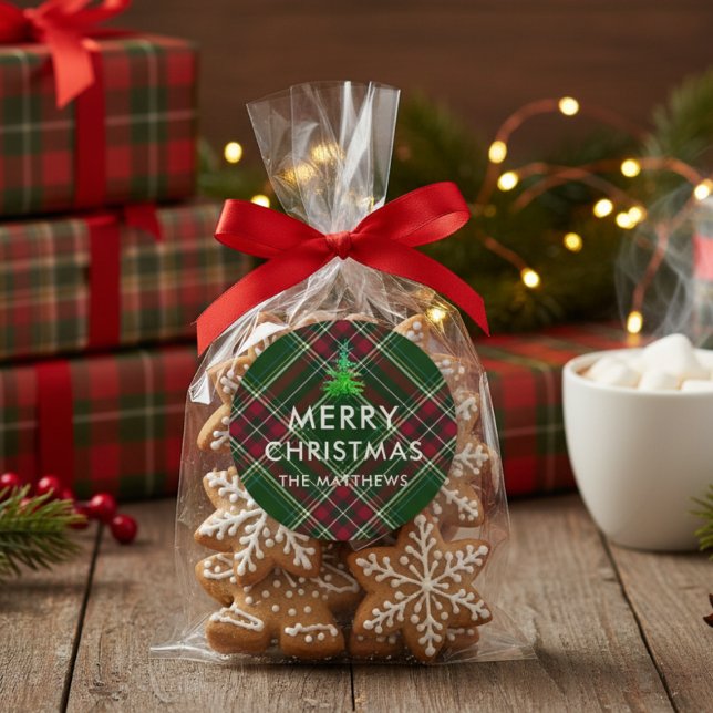 Personalise Modern Plaid Christmas Tree Name  Classic Round Sticker (Creator Uploaded)