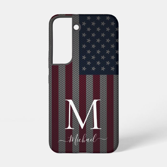 Personalise Monogram American Flag Metallic Mesh Samsung Galaxy S22 Case (Back)
