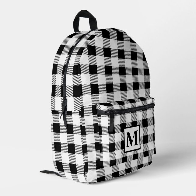 Personalise monogram black white gingham printed backpack (Back Corner Left)