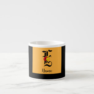 Personalise Monogram E Floral Black Orange     Espresso Cup