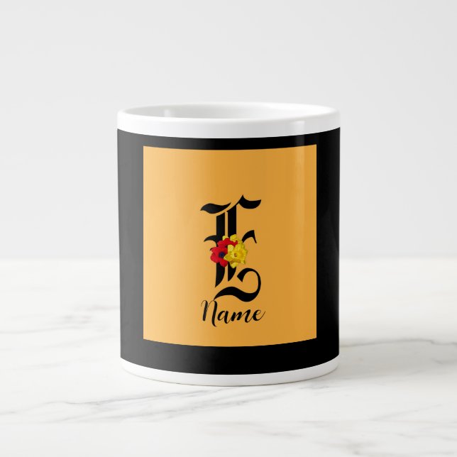Personalise Monogram E Floral Black Orange     Large Coffee Mug (Front)