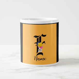 Personalise Monogram F Floral Black Large Coffee Mug