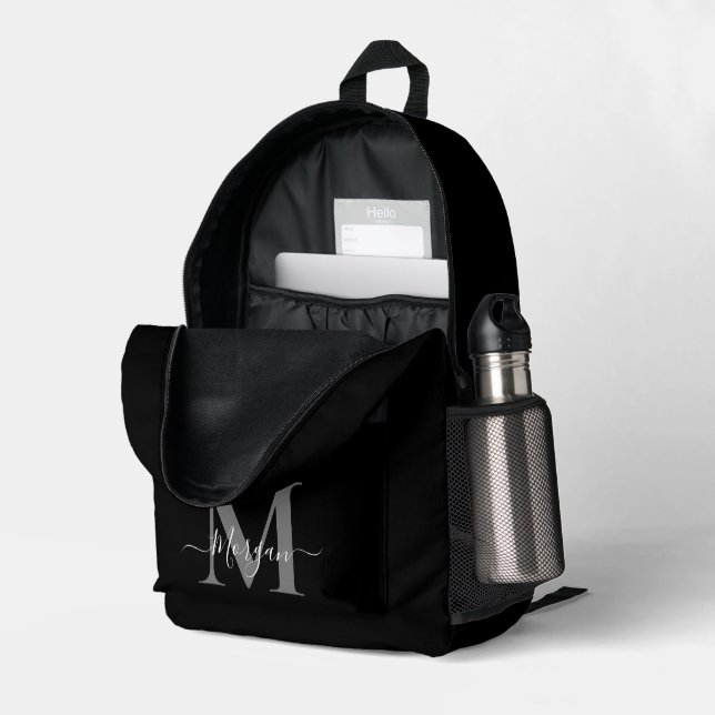 Personalise Monogram Initial Name Black Printed Backpack (Back Corner Right (Open))