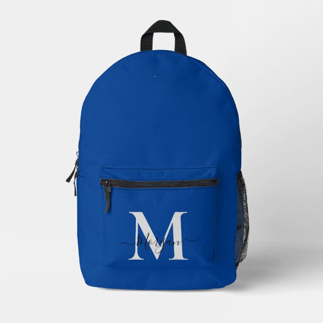 Personalise Monogram Initial Name Deep Blue Printed Backpack (Front)
