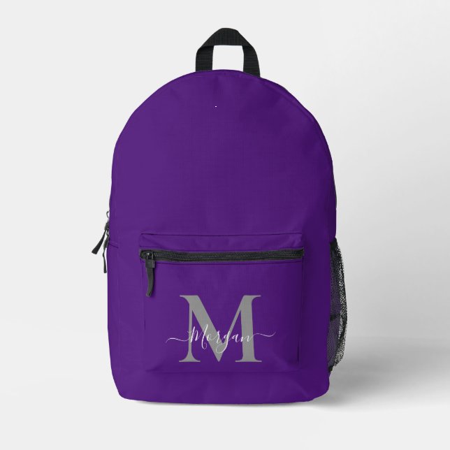 Personalise Monogram Initial Name Royal Purple Printed Backpack (Front)
