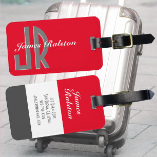 Personalise Monogram/Name, Red, Grey & White Luggage Tag