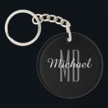 Personalise Monogram Name Wh/Bk, Light Teal  Keych Key Ring<br><div class="desc">Personalise this black keychain with your monogram and name in white and grey text. Makes a great gift for him or her. Click “Customise” to change colours and type styles</div>