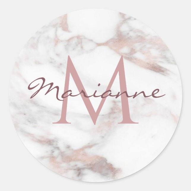 Personalise Monogram Rose Gold Marble Modern Classic Round Sticker (Front)
