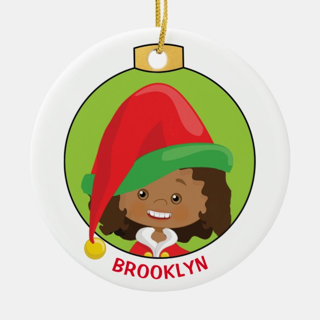 Personalise Multicultural Girl Elf Ceramic Tree Decoration (Front)