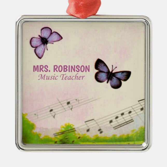 Personalise, Music Butterflies Thanks Teacher Metal Tree Decoration (Front)