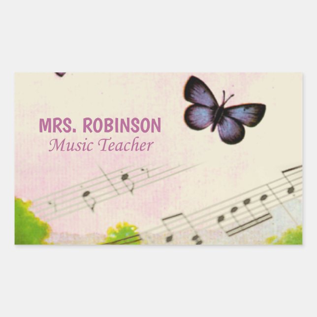 Personalise, Music Butterflies Thanks Teacher Rectangular Sticker (Front)