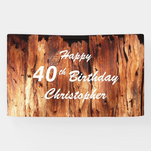 Personalise Name 40th Birthday Faux Weathered Wood Banner (Horizontal)