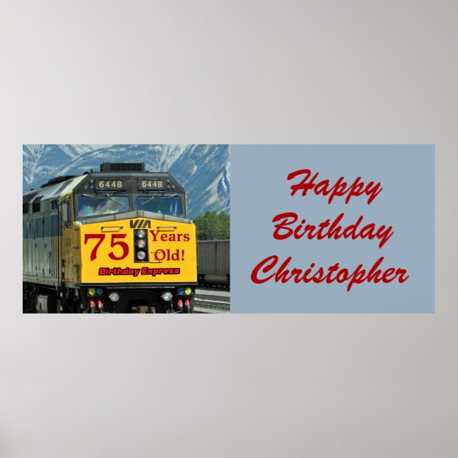 Personalise Name 75th Birthday Yellow Train Engine Poster (Front)