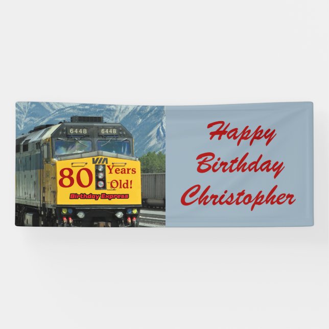 Personalise Name 80th Birthday Yellow Train Engine Banner (Horizontal)