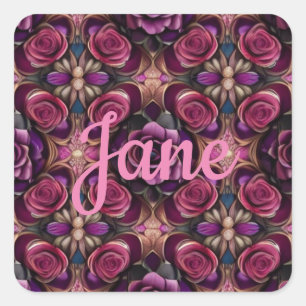 Personalise Name AI Art Purple Red & Pink Roses Square Sticker