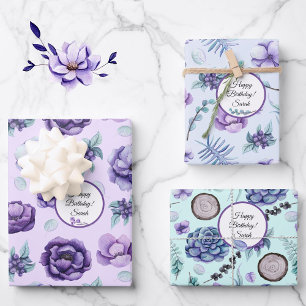 Personalise Name Birthday Flowers in Lavender Teal Wrapping Paper Sheet