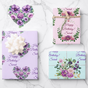 Personalise Name Birthday Flowers Pink Lavender 3 Wrapping Paper Sheet