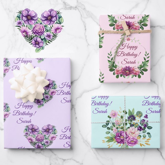 Personalise Name Birthday Flowers Pink Lavender 3 Wrapping Paper Sheet (Creator Uploaded)