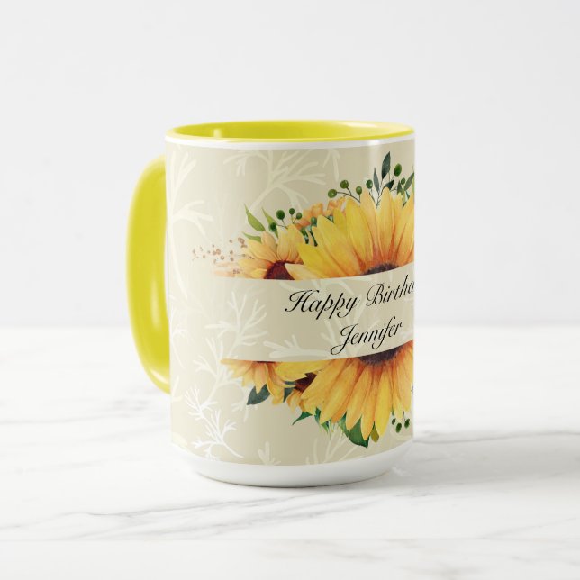 Personalise Name Birthday Wishes Sunflower Coffee Mug (Front Left)