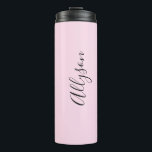 Personalise Name Black Script Vertical, Pale Pink Thermal Tumbler<br><div class="desc">Personalise your Name vertically In black Script Text on Pale Pink background. Click “Edit Using Design Tool” to change colours and type styles.</div>