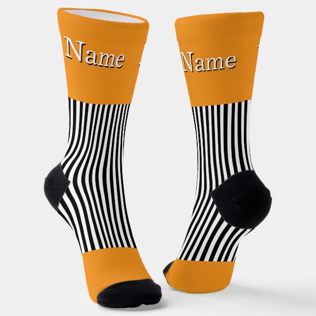 Personalise Name Black White Stripes Orange  Socks (Angled)