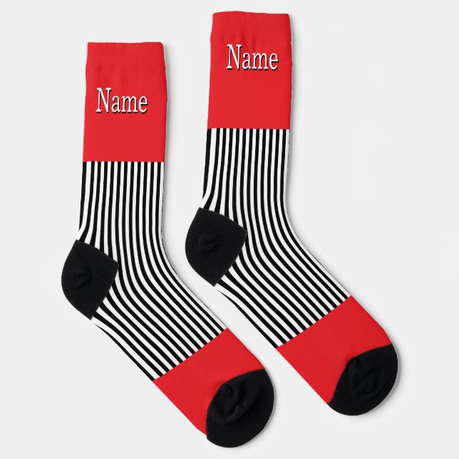 Personalise Name Black White Stripes Red Socks (Right)