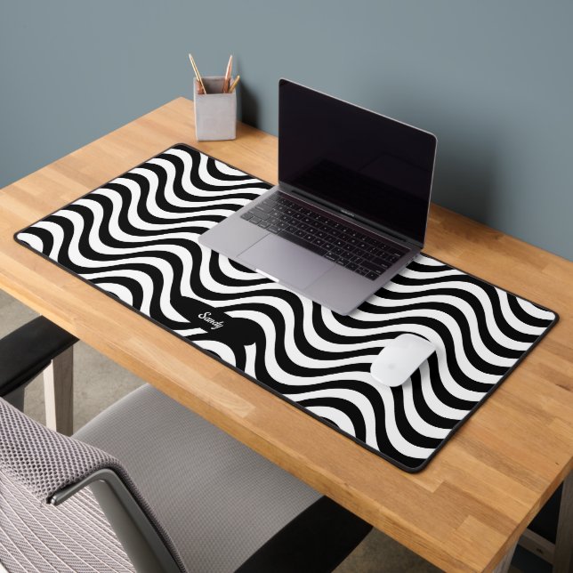 Personalise Name Black White Wavy Stripes Hypnotic Desk Mat (Office 2)