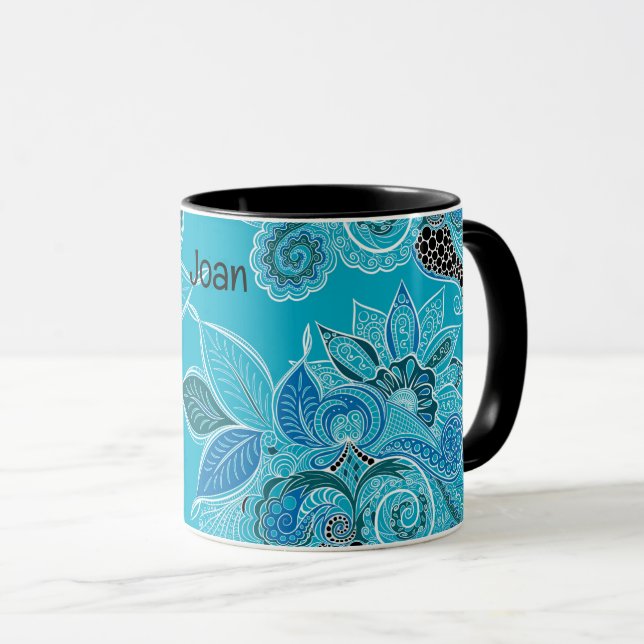 Personalise Name Blue Boho Paisley Black Inside Mu Mug (Front Right)