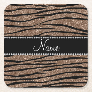 Personalise name brown glitter zebra stripes square paper coaster