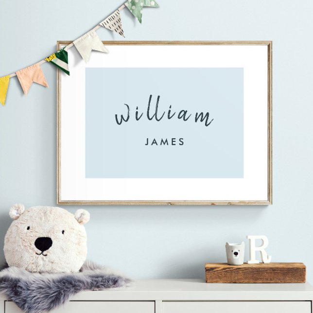 Personalise Name Child Playroom Boy Pastel Blue Poster (Shown framed. Print is designed with a white border that gives the illusion of a mat.)
