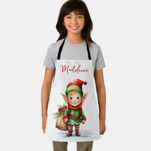 Personalise Name Christmas elf with sack of gifts Apron