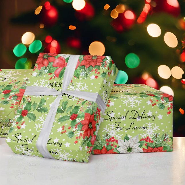 Personalise Name Christmas Poinsettia Snowflakes Wrapping Paper (Creator Uploaded)