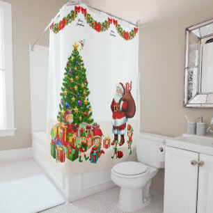Personalise Name Christmas Santa and Elves Shower Curtain