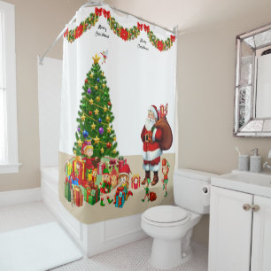 Personalise Name Christmas Santa and Elves Shower Shower Curtain