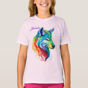 Personalise Name Colourful Wolf Girl's Cotton T-Sh T-Shirt
